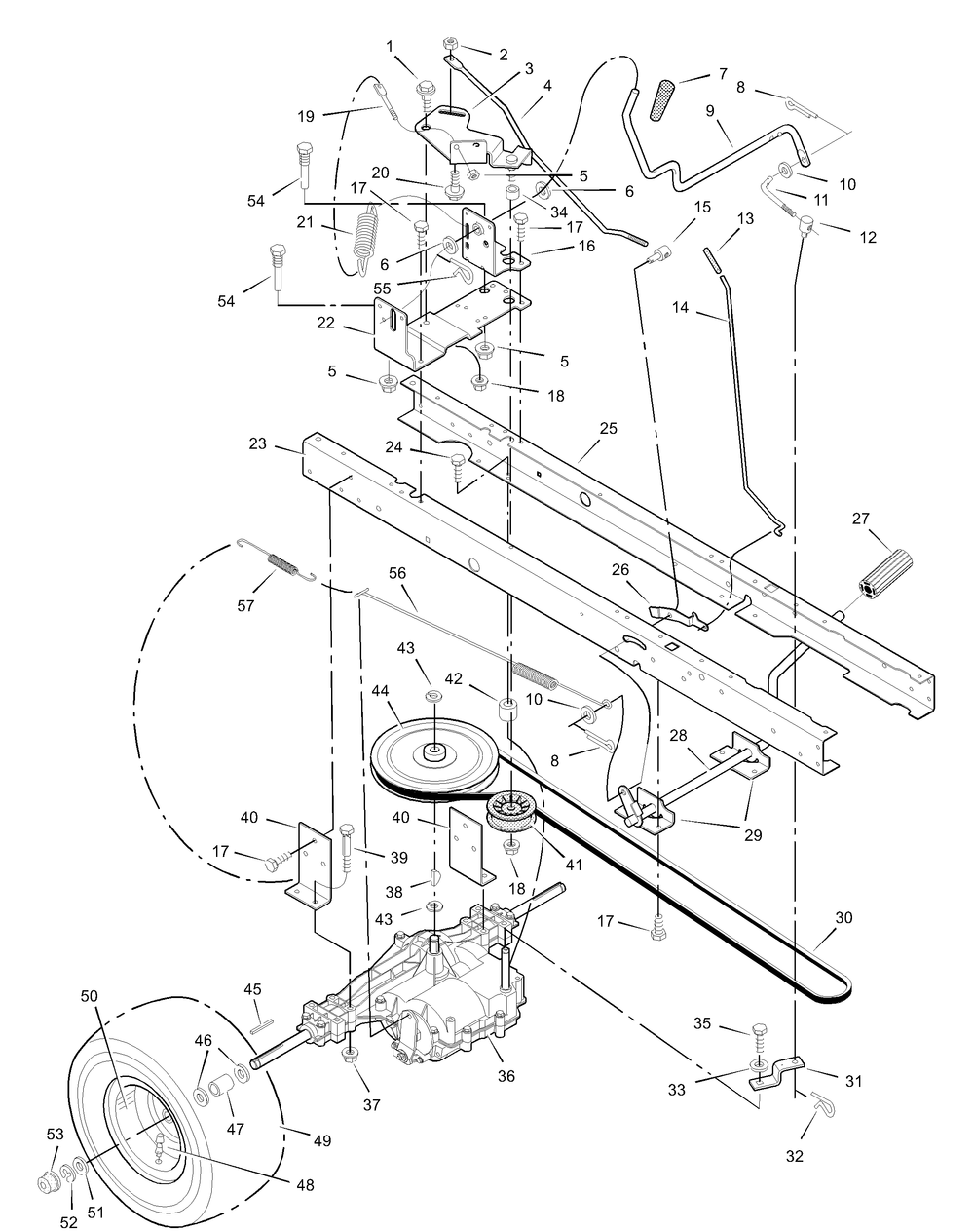 Motion Drive Diagram and Parts List for 42500D 2001 Briggs and Stratton Lawn Tractor